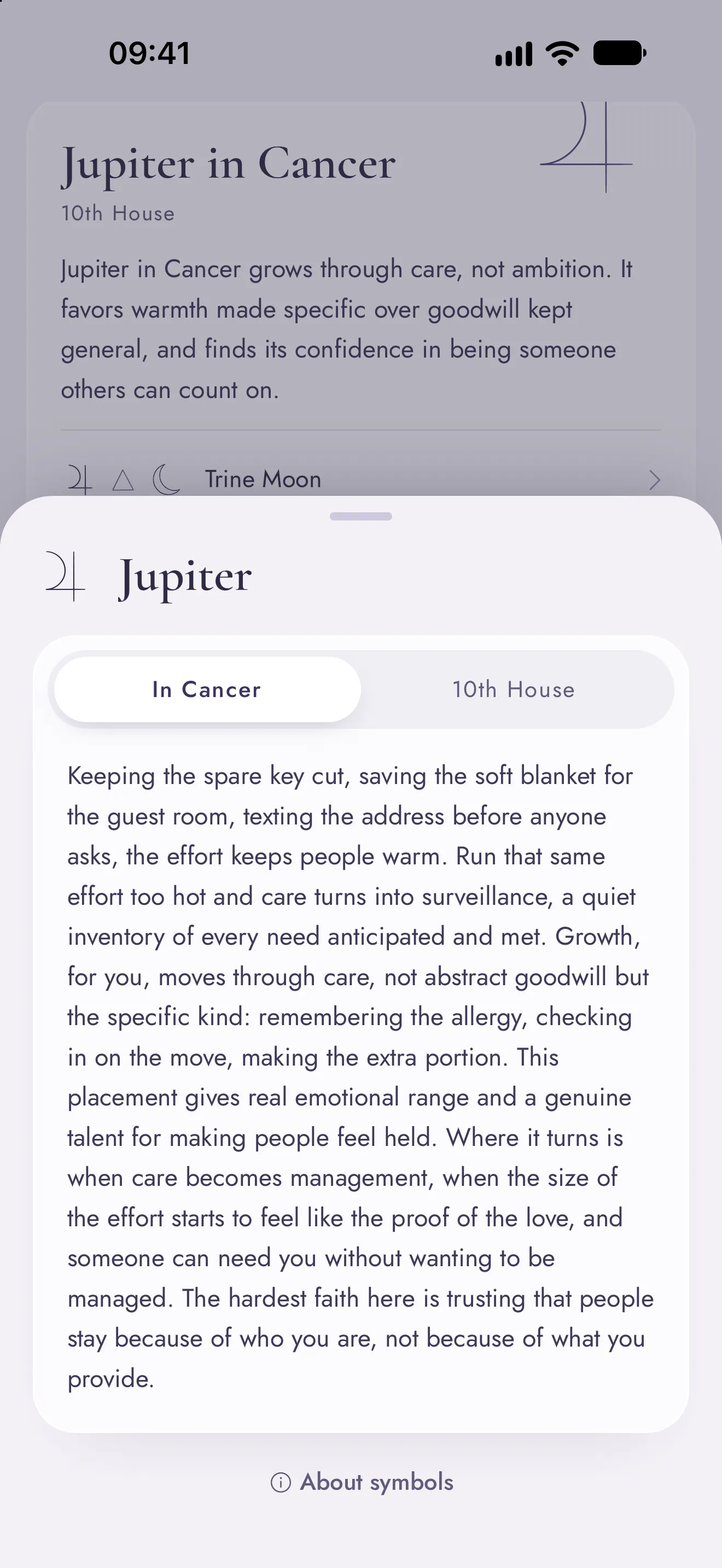 Planet detail explaining Jupiter in Cancer, with a switch to its house